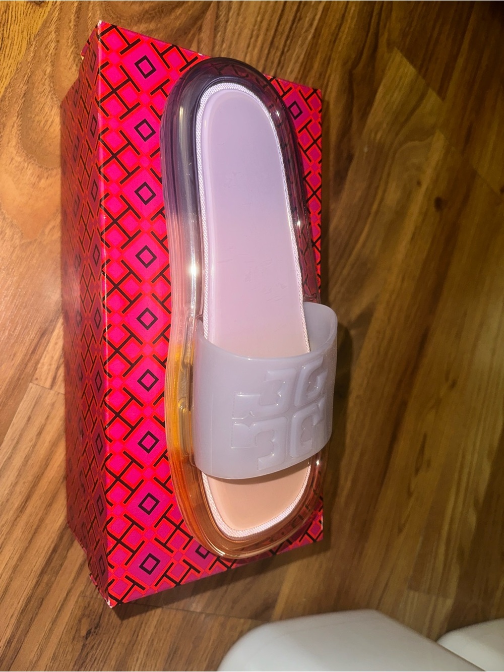 Tory Burch Translucent Pink Jelly Slide with Embossed Logo